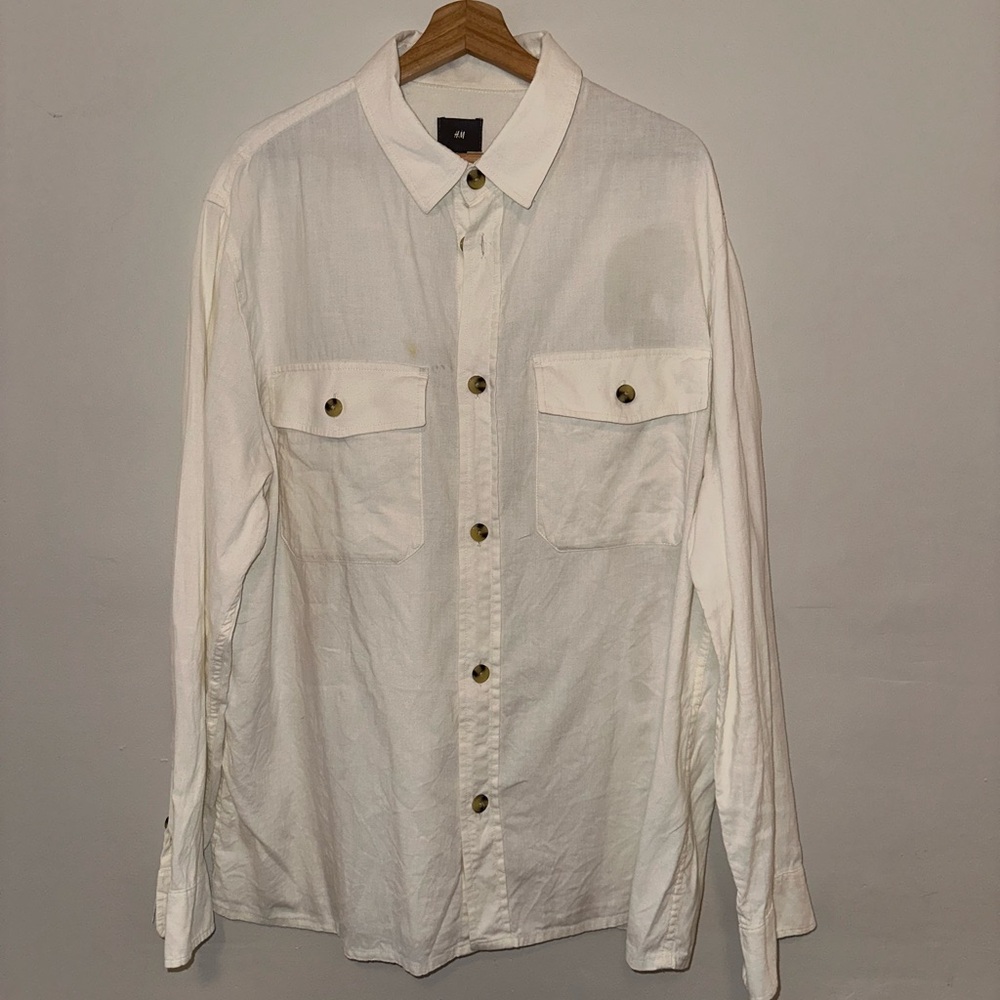 H&M White Casual Linen Button Down Shirt Jacket